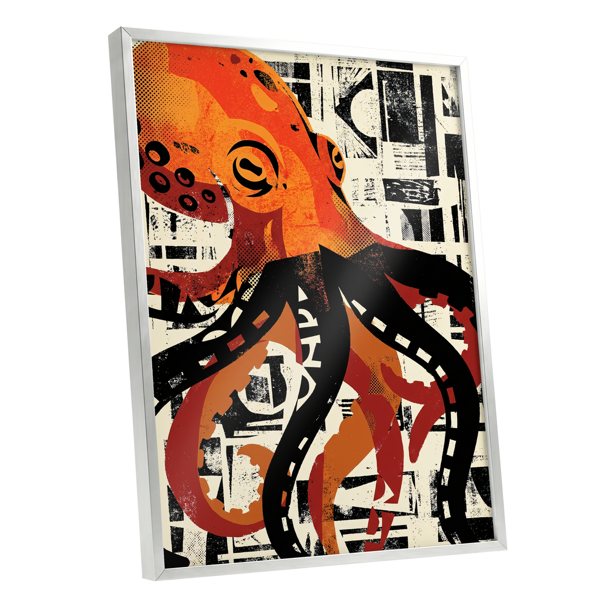Urban Octopus, black, orange, beige nature wall art shown as a silver framed poster wall art print