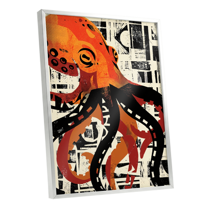 Urban Octopus, black, orange, beige nature wall art shown as a silver framed poster wall art print