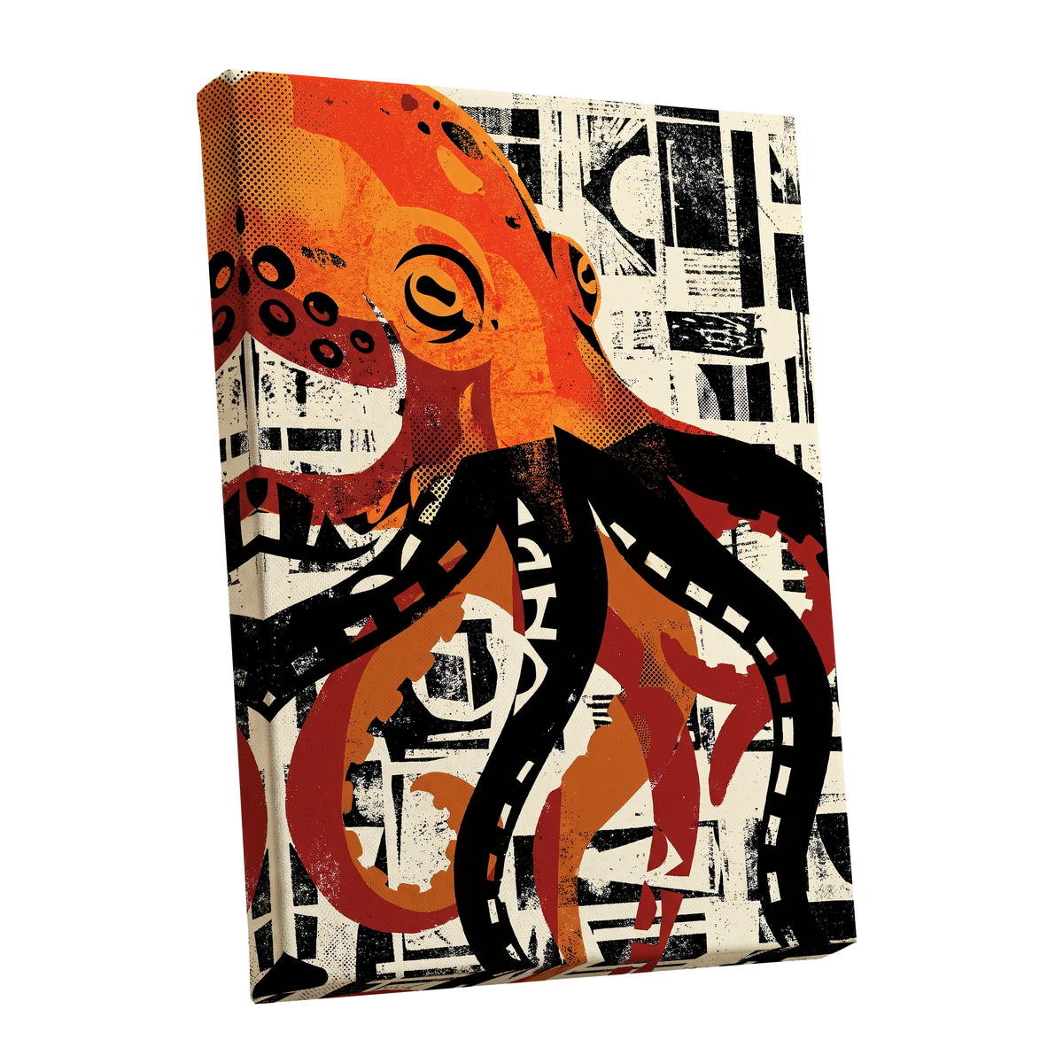 Urban Octopus, black, orange, beige nature wall art shown as a stretched canvas wall art