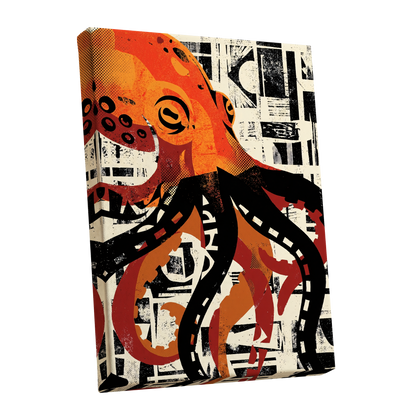 Urban Octopus, black, orange, beige nature wall art shown as a stretched canvas wall art