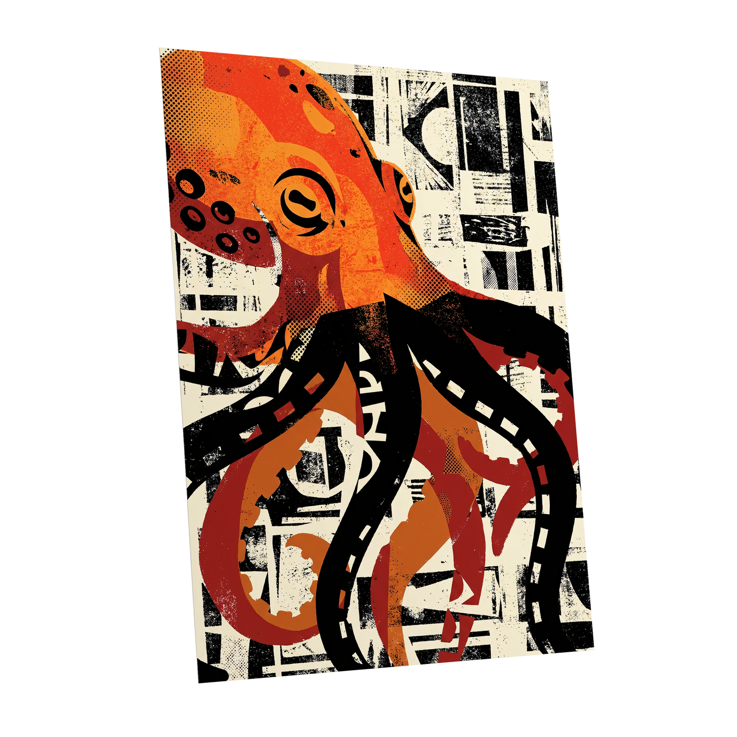 Urban Octopus, black, orange, beige nature wall art shown as a unframed poster wall art print