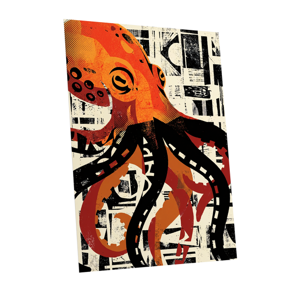 Urban Octopus, black, orange, beige nature wall art shown as a unframed poster wall art print