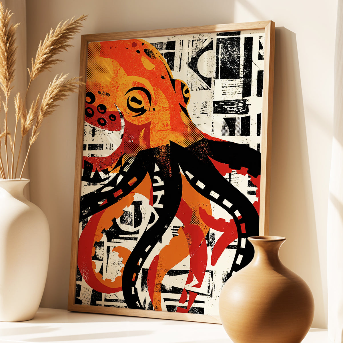Urban Octopus, black, orange, beige nature wall art displayed in a styled interior, gallery view 1