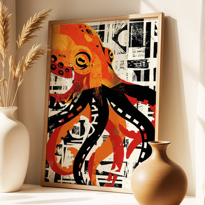 Urban Octopus, black, orange, beige nature wall art displayed in a styled interior, gallery view 1
