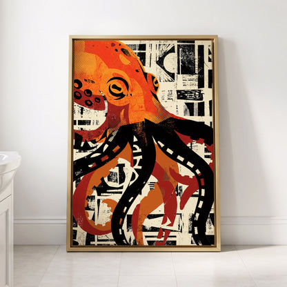 Urban Octopus, black, orange, beige nature wall art displayed in a styled interior, gallery view 2