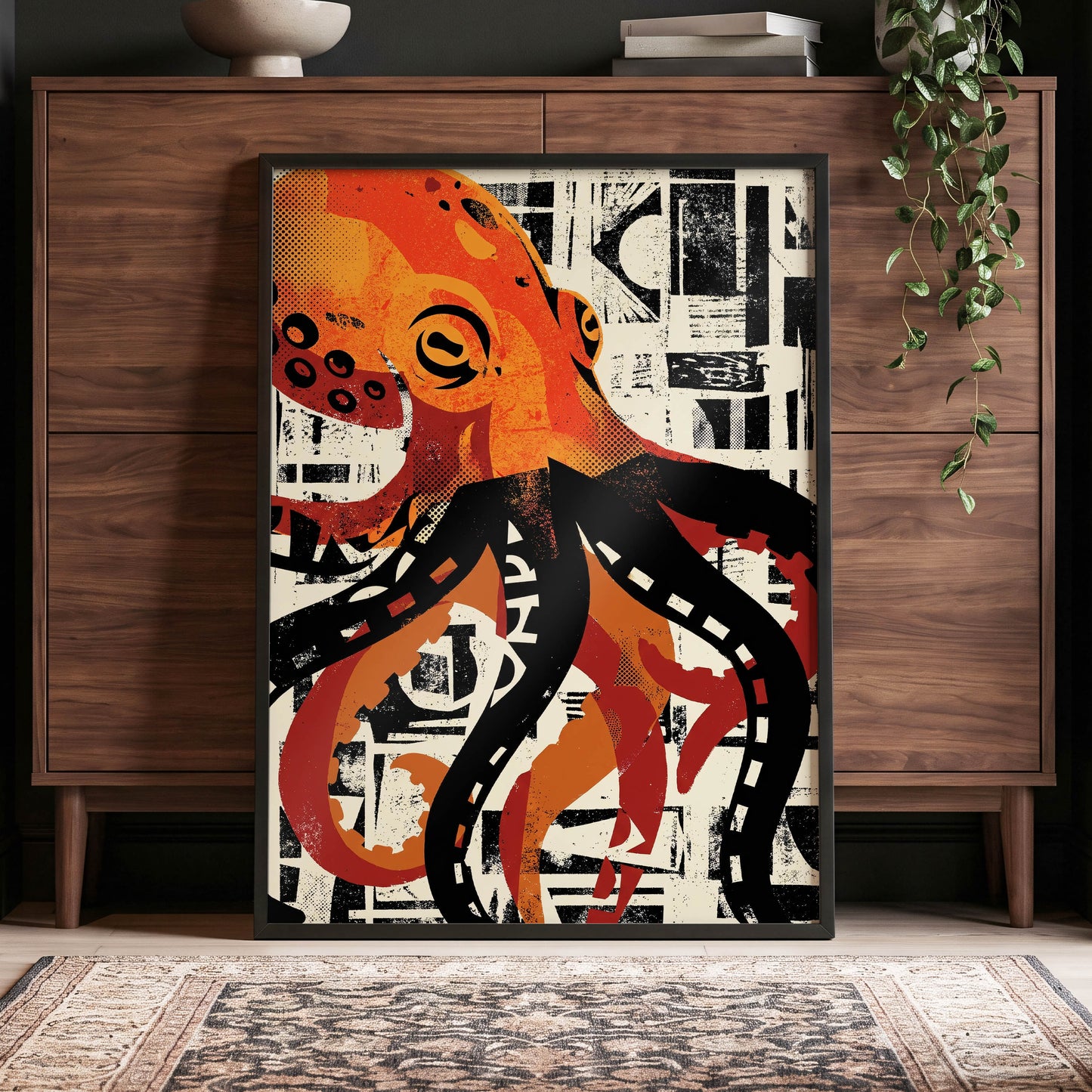 Urban Octopus, black, orange, beige nature wall art displayed in a styled interior, gallery view 4