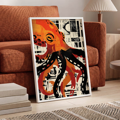 Urban Octopus, black, orange, beige nature wall art displayed in a styled interior, gallery view 5