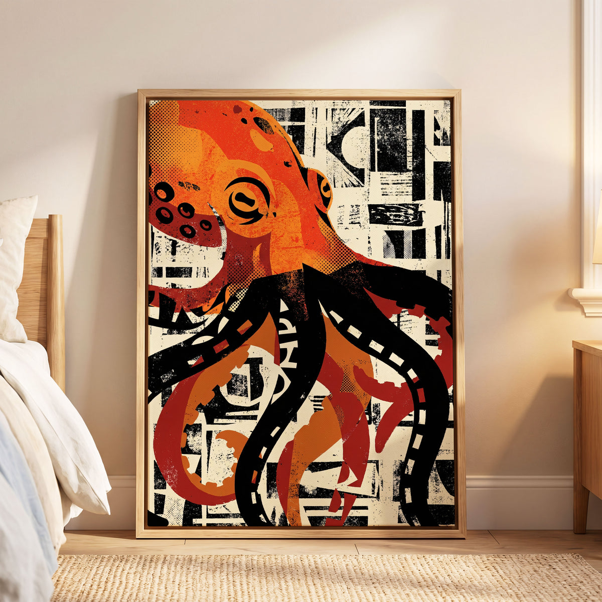 Urban Octopus, black, orange, beige nature wall art displayed in a styled interior, gallery view 6