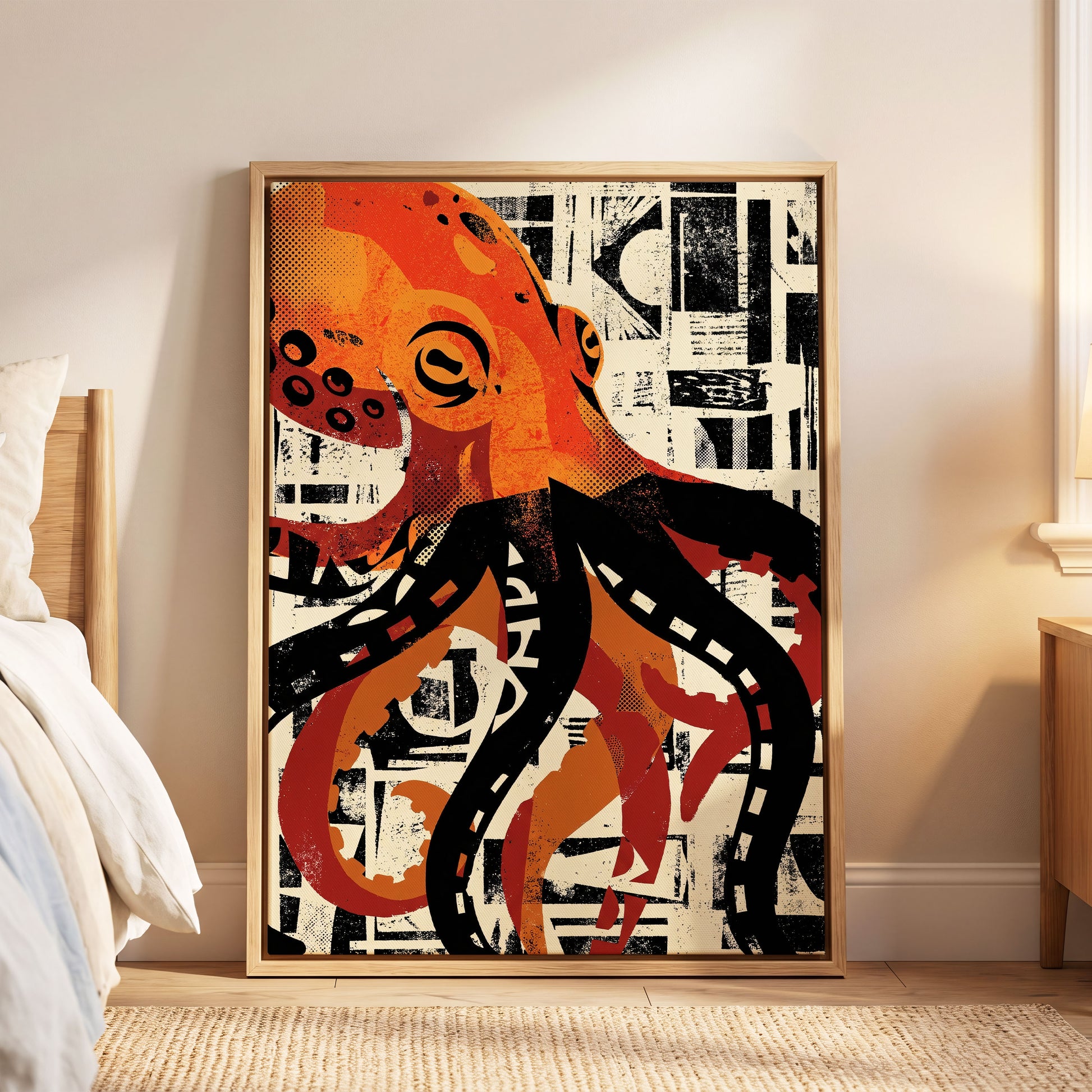 Urban Octopus, black, orange, beige nature wall art displayed in a styled interior, gallery view 6