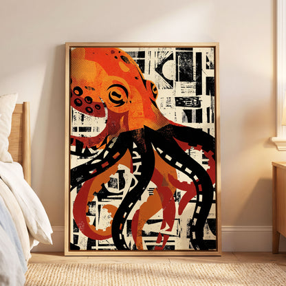 Urban Octopus, black, orange, beige nature wall art displayed in a styled interior, gallery view 6