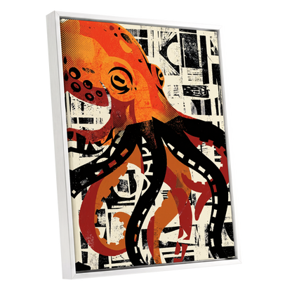 Urban Octopus, black, orange, beige nature wall art shown as a white framed canvas wall art