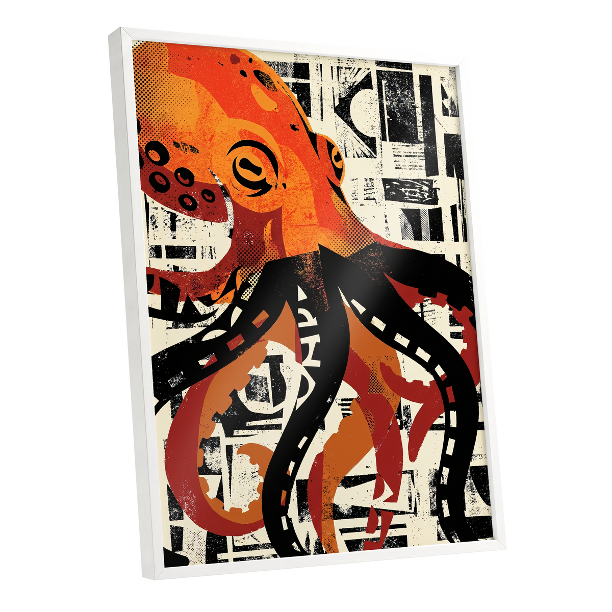 Urban Octopus, black, orange, beige nature wall art shown as a white framed poster wall art print