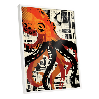 Urban Octopus, black, orange, beige nature wall art shown as a white framed poster wall art print