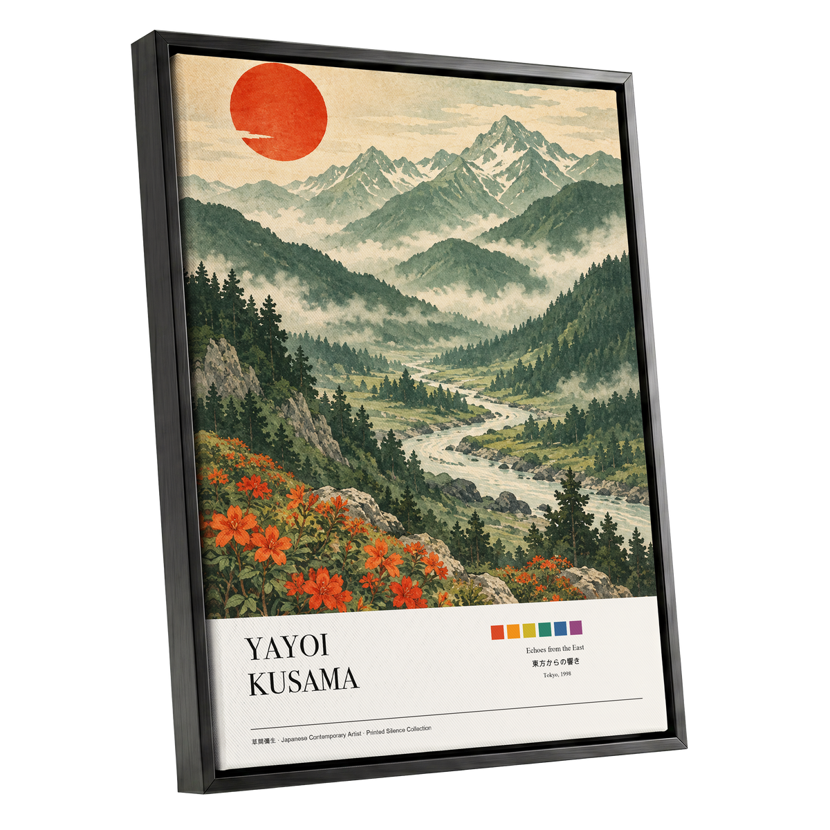 Valley Beneath the Red Sun, green, beige, red nature wall art shown as a black framed canvas wall art