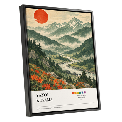 Valley Beneath the Red Sun, green, beige, red nature wall art shown as a black framed canvas wall art