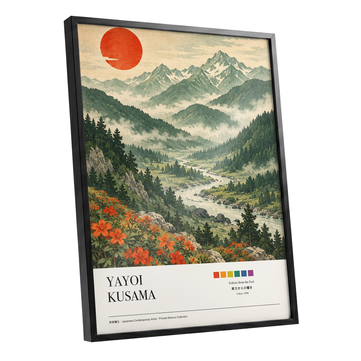 Valley Beneath the Red Sun, green, beige, red nature wall art shown as a black framed poster wall art print