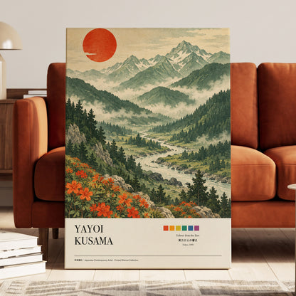 Valley Beneath the Red Sun, green, beige, red nature wall art on canvas displayed in a styled interior, gallery view 1