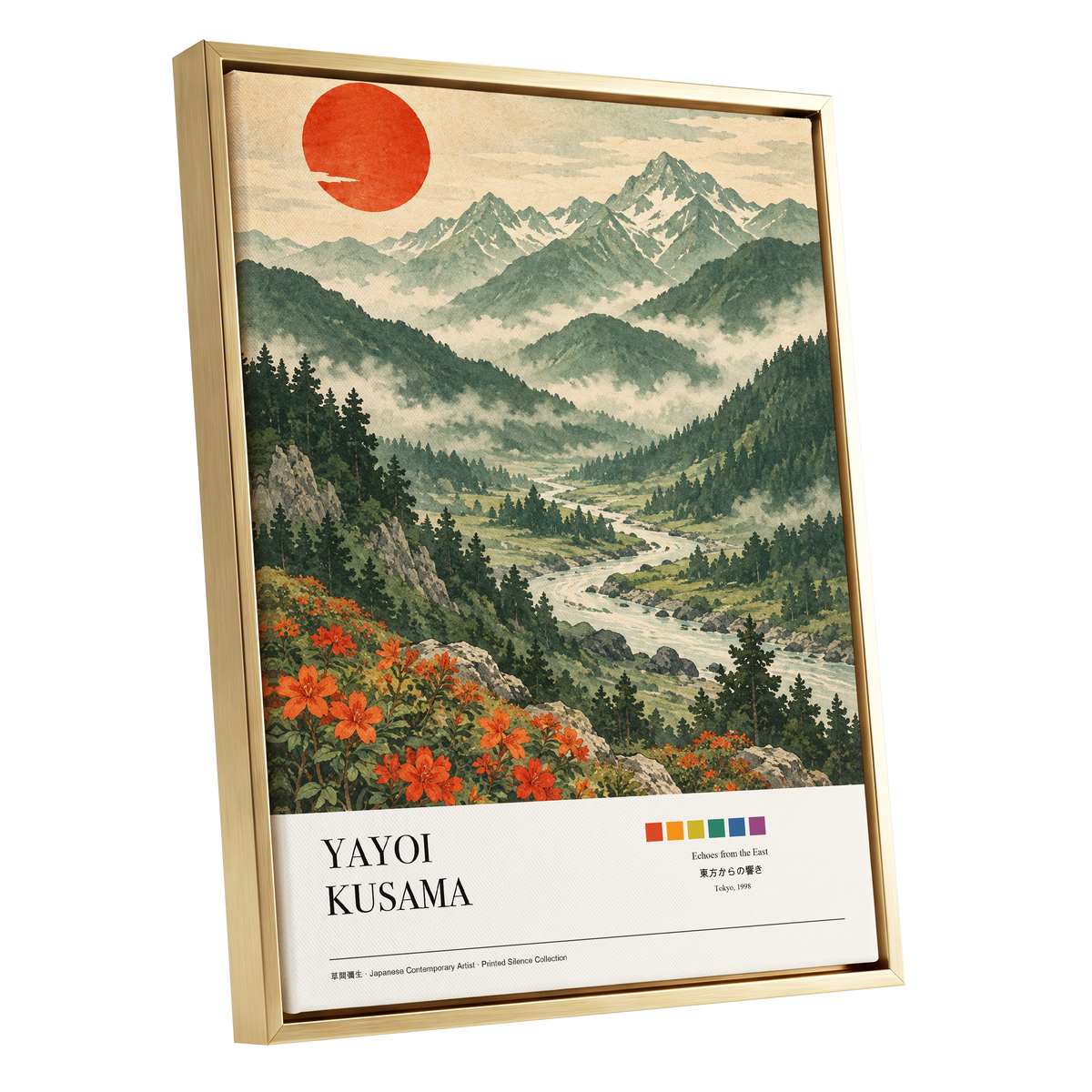 Valley Beneath the Red Sun, green, beige, red nature wall art shown as a gold framed canvas wall art