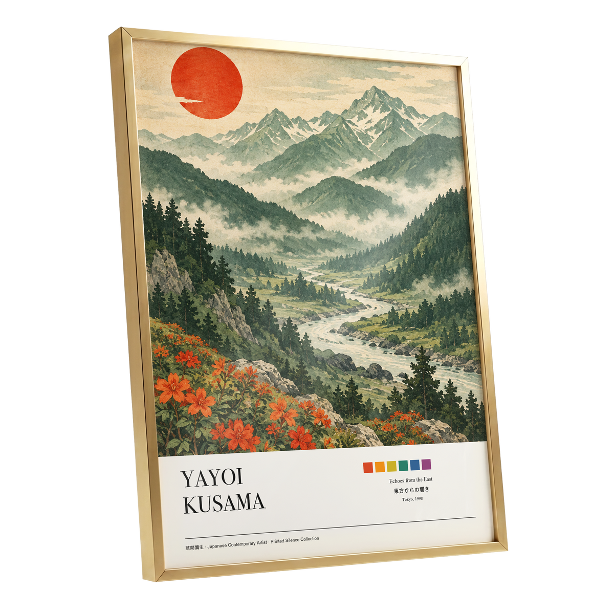 Valley Beneath the Red Sun, green, beige, red nature wall art shown as a gold framed poster wall art print
