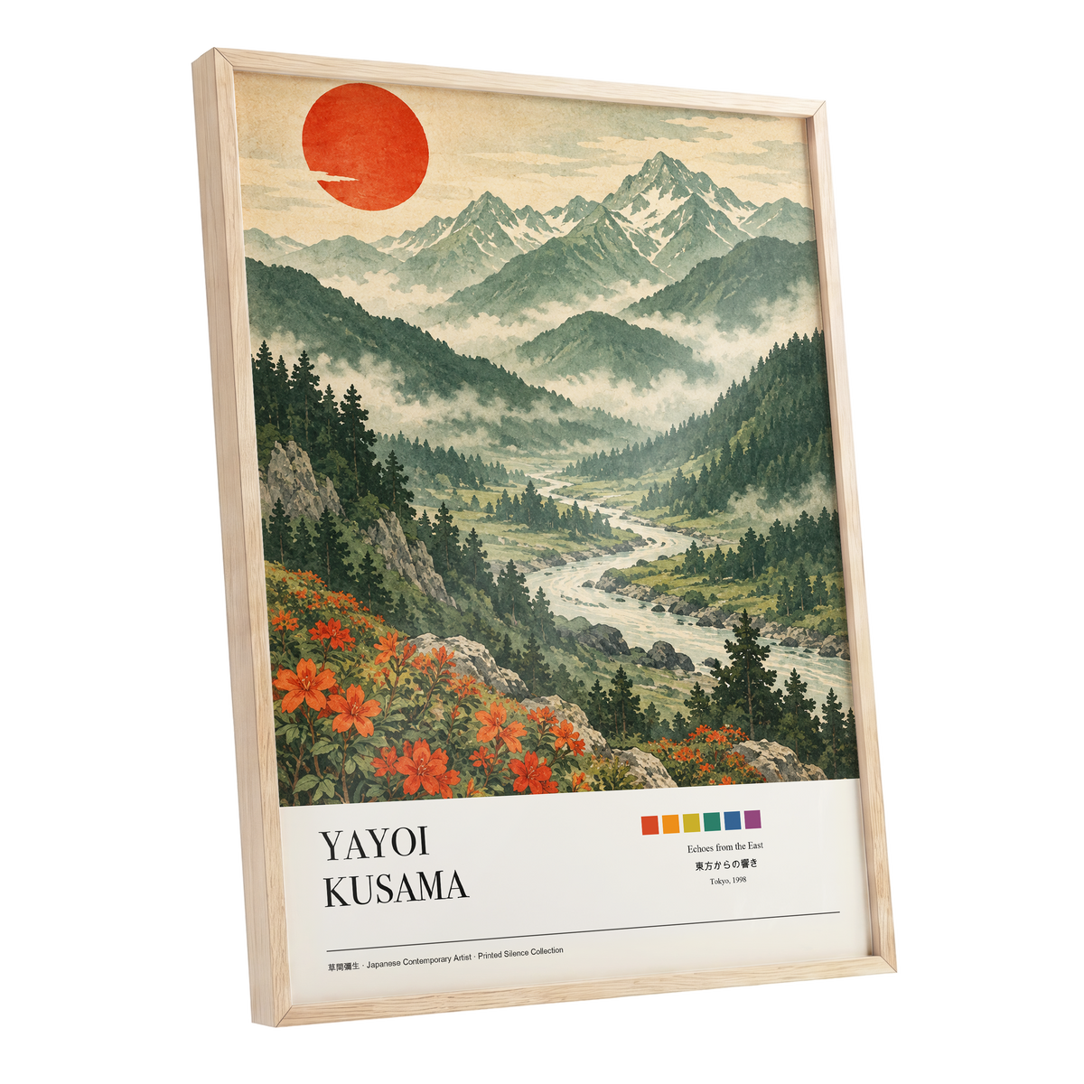 Valley Beneath the Red Sun, green, beige, red nature wall art shown as a oak framed poster wall art print