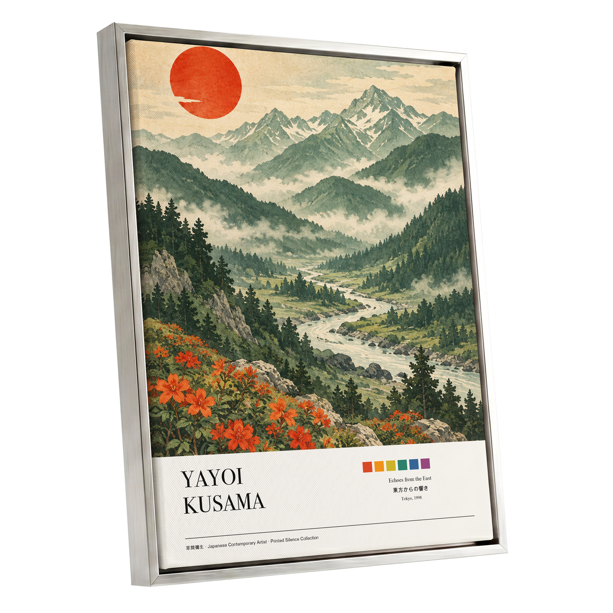 Valley Beneath the Red Sun, green, beige, red nature wall art shown as a silver framed canvas wall art