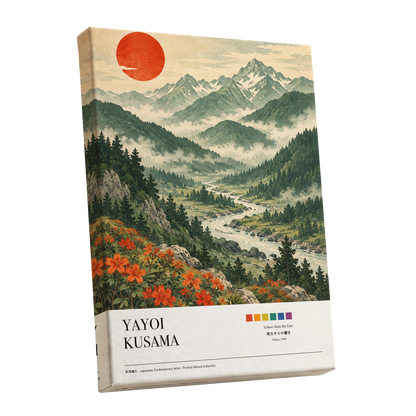 Valley Beneath the Red Sun, green, beige, red nature wall art shown as a stretched canvas wall art