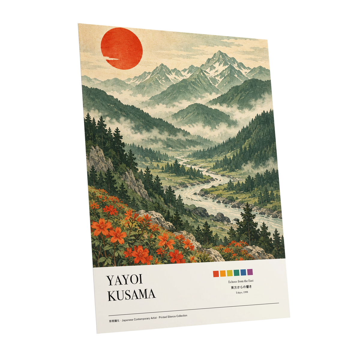 Valley Beneath the Red Sun, green, beige, red nature wall art shown as a unframed poster wall art print
