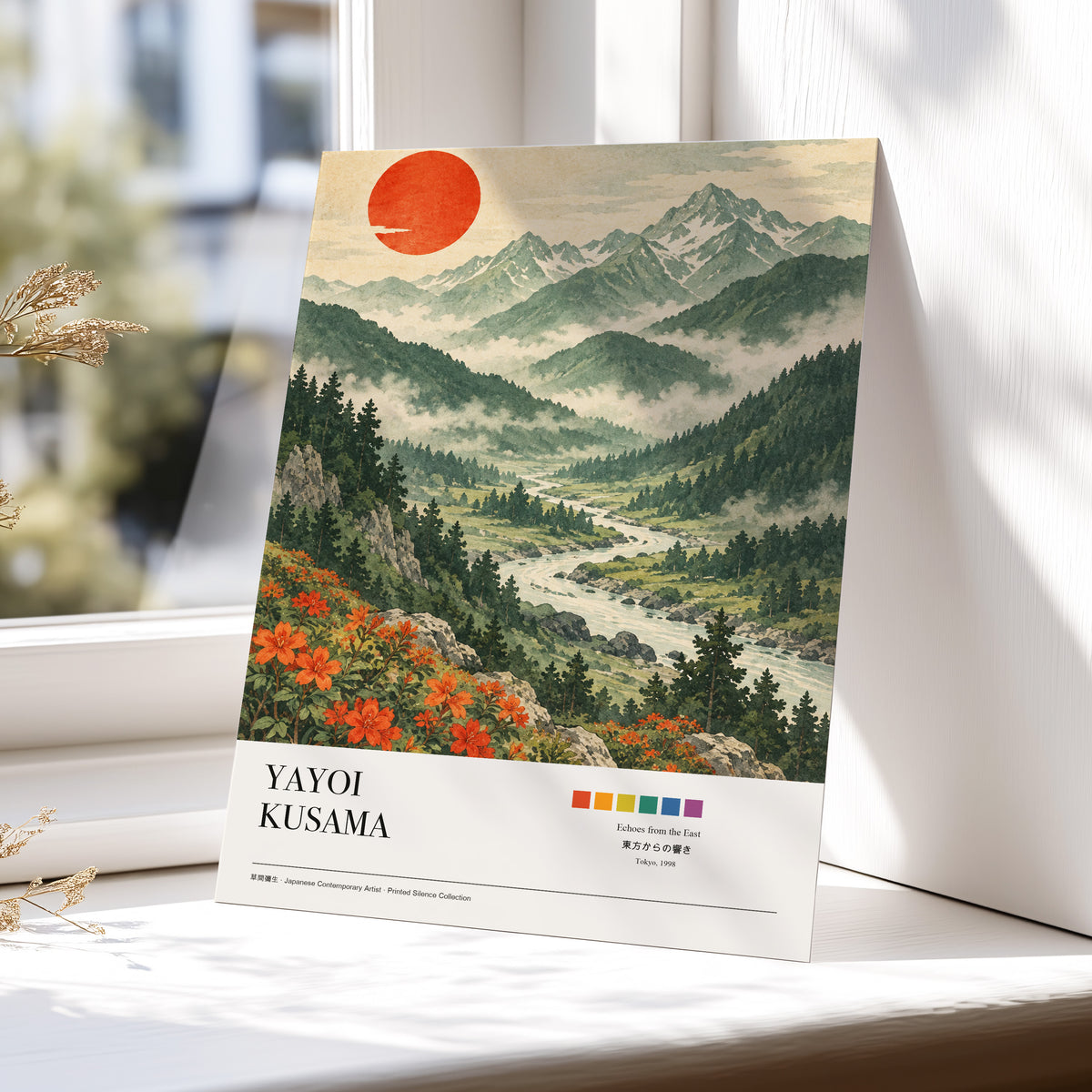 Valley Beneath the Red Sun, green, beige, red nature wall art displayed in a styled interior, gallery view 5