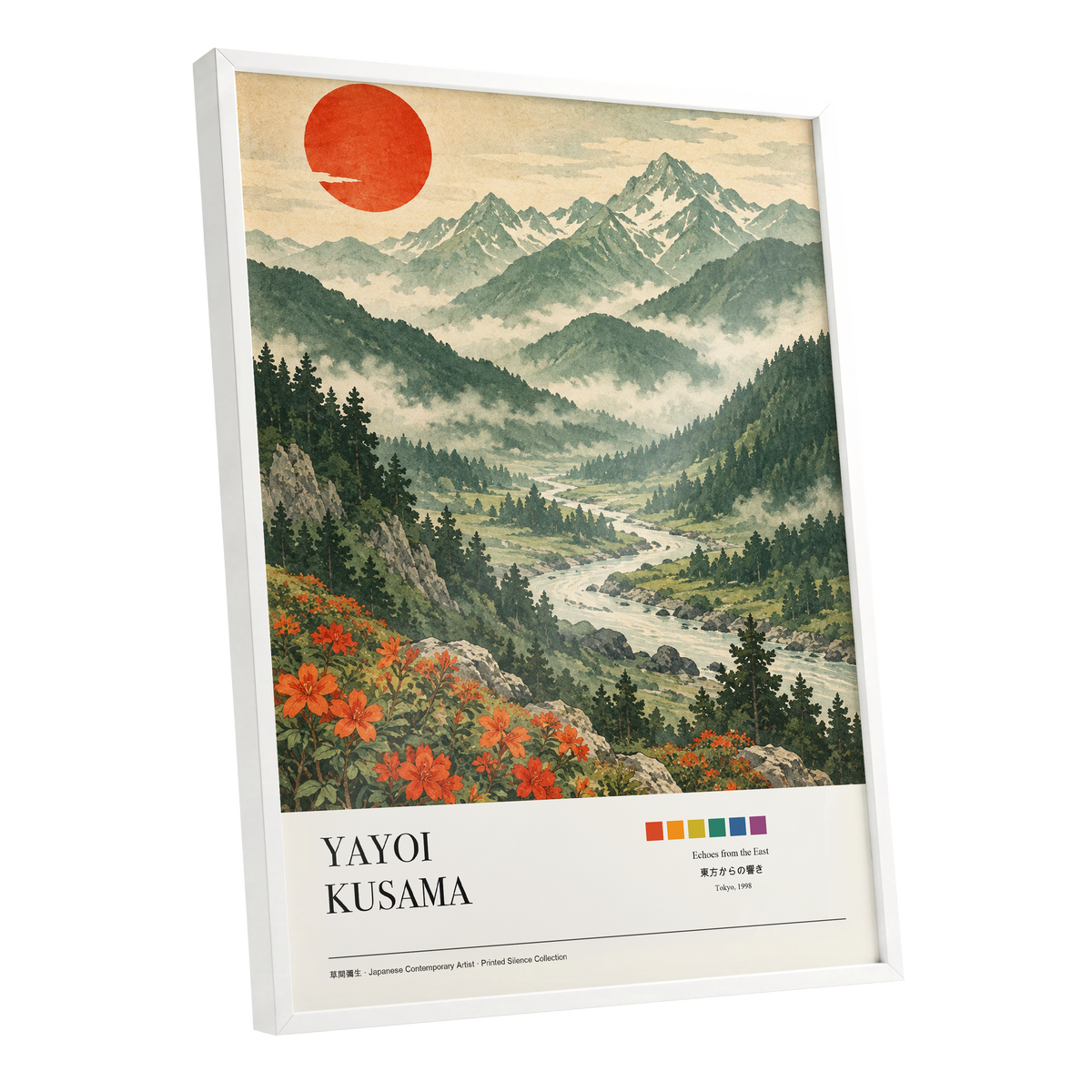 Valley Beneath the Red Sun, green, beige, red nature wall art shown as a white framed poster wall art print