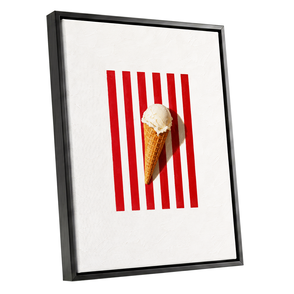 Vanilla Parade, white, red, beige minimalist wall art shown as a black framed canvas wall art