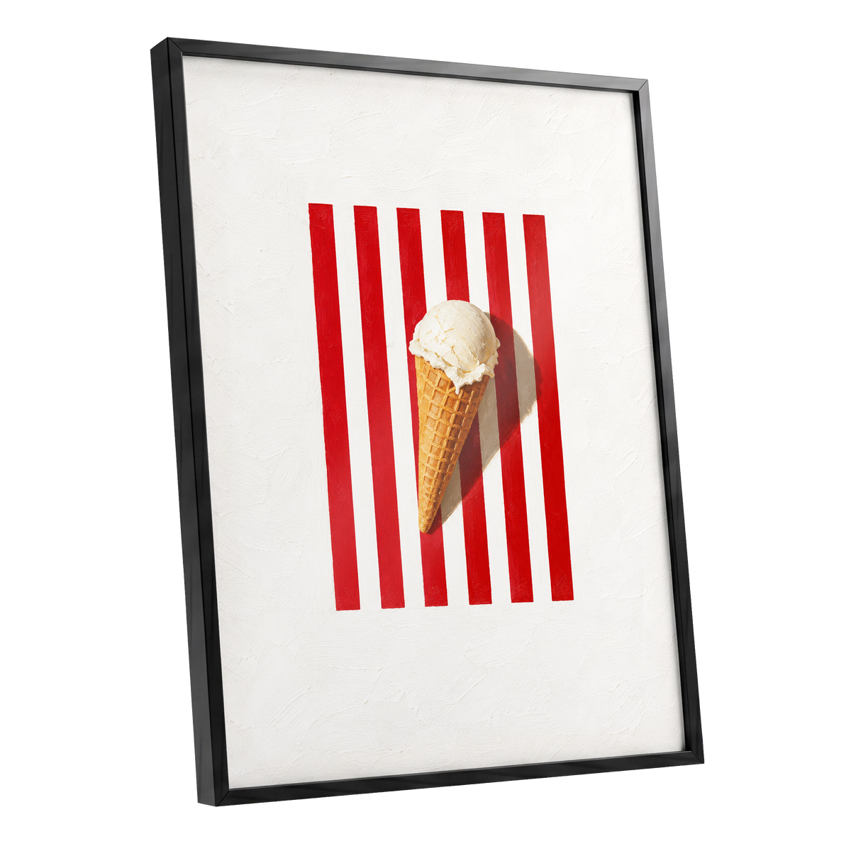 Vanilla Parade, white, red, beige minimalist wall art shown as a black framed poster wall art print