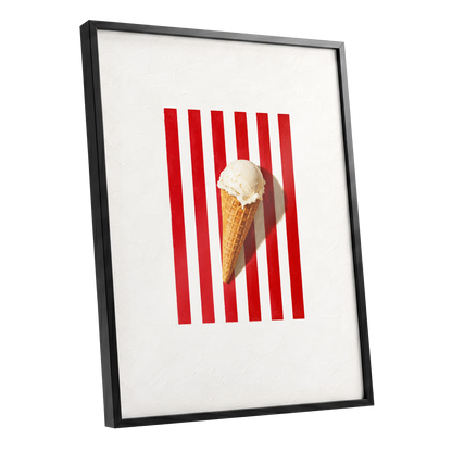 Vanilla Parade, white, red, beige minimalist wall art shown as a black framed poster wall art print