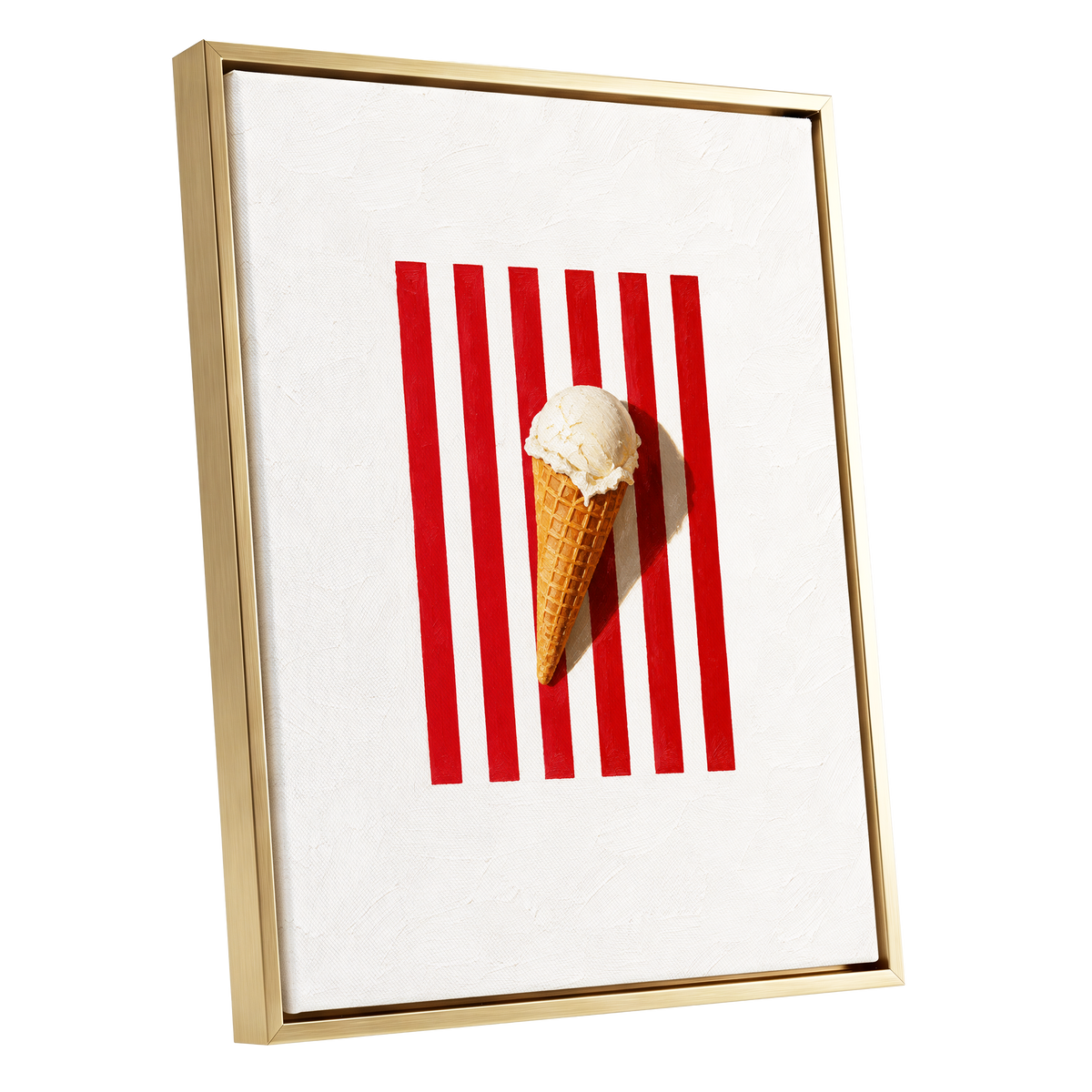 Vanilla Parade, white, red, beige minimalist wall art shown as a gold framed canvas wall art