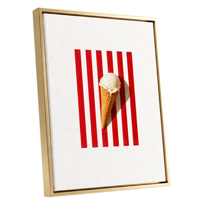 Vanilla Parade, white, red, beige minimalist wall art shown as a gold framed canvas wall art