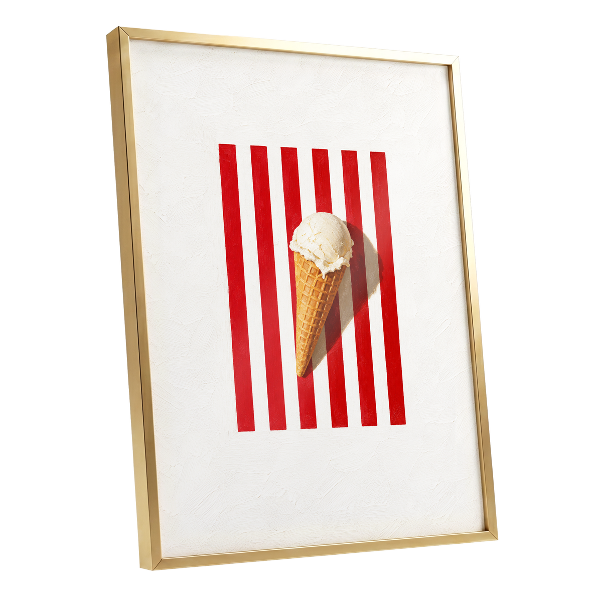 Vanilla Parade, white, red, beige minimalist wall art shown as a gold framed poster wall art print