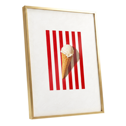 Vanilla Parade, white, red, beige minimalist wall art shown as a gold framed poster wall art print