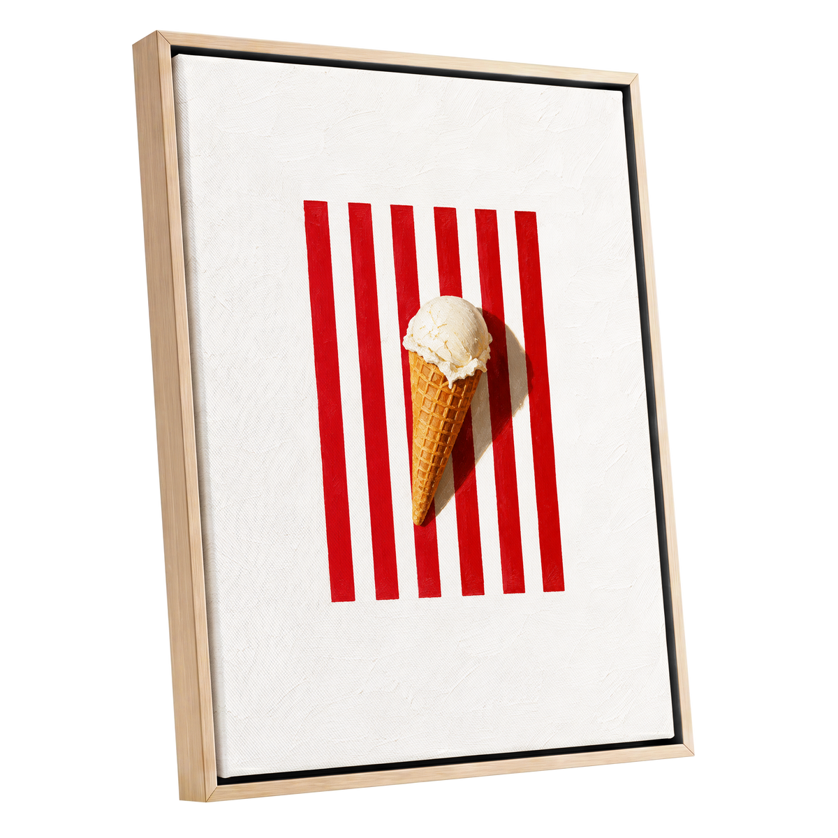 Vanilla Parade, white, red, beige minimalist wall art shown as a oak framed canvas wall art