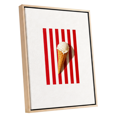 Vanilla Parade, white, red, beige minimalist wall art shown as a oak framed canvas wall art