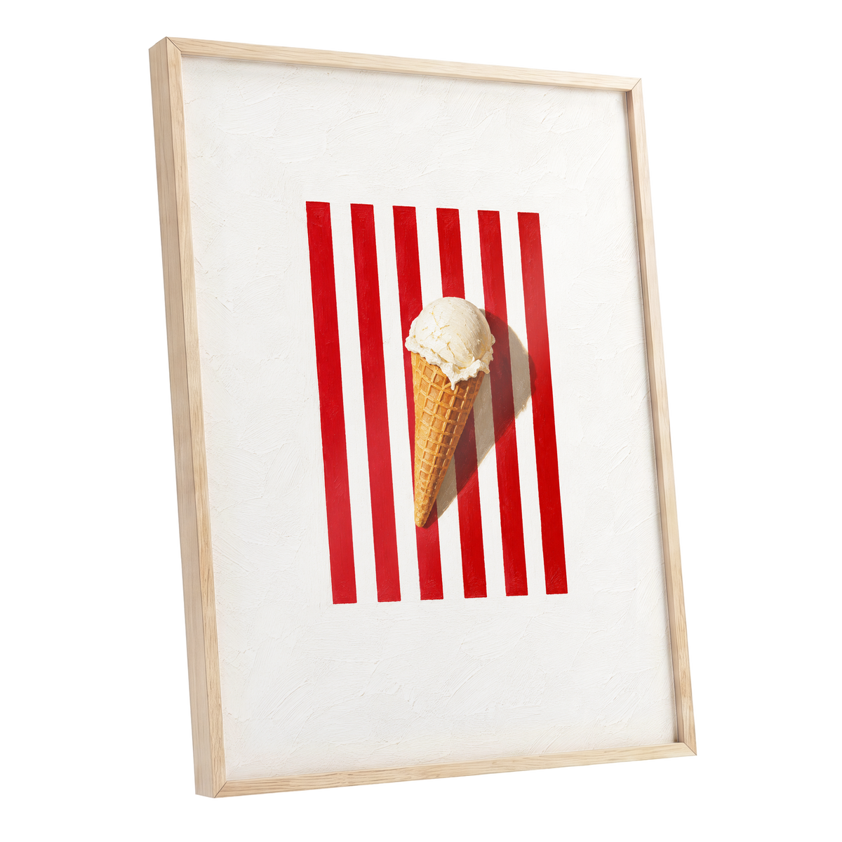 Vanilla Parade, white, red, beige minimalist wall art shown as a oak framed poster wall art print