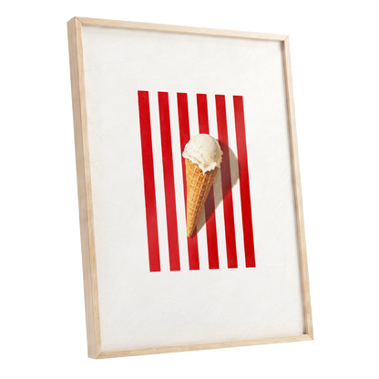 Vanilla Parade, white, red, beige minimalist wall art shown as a oak framed poster wall art print