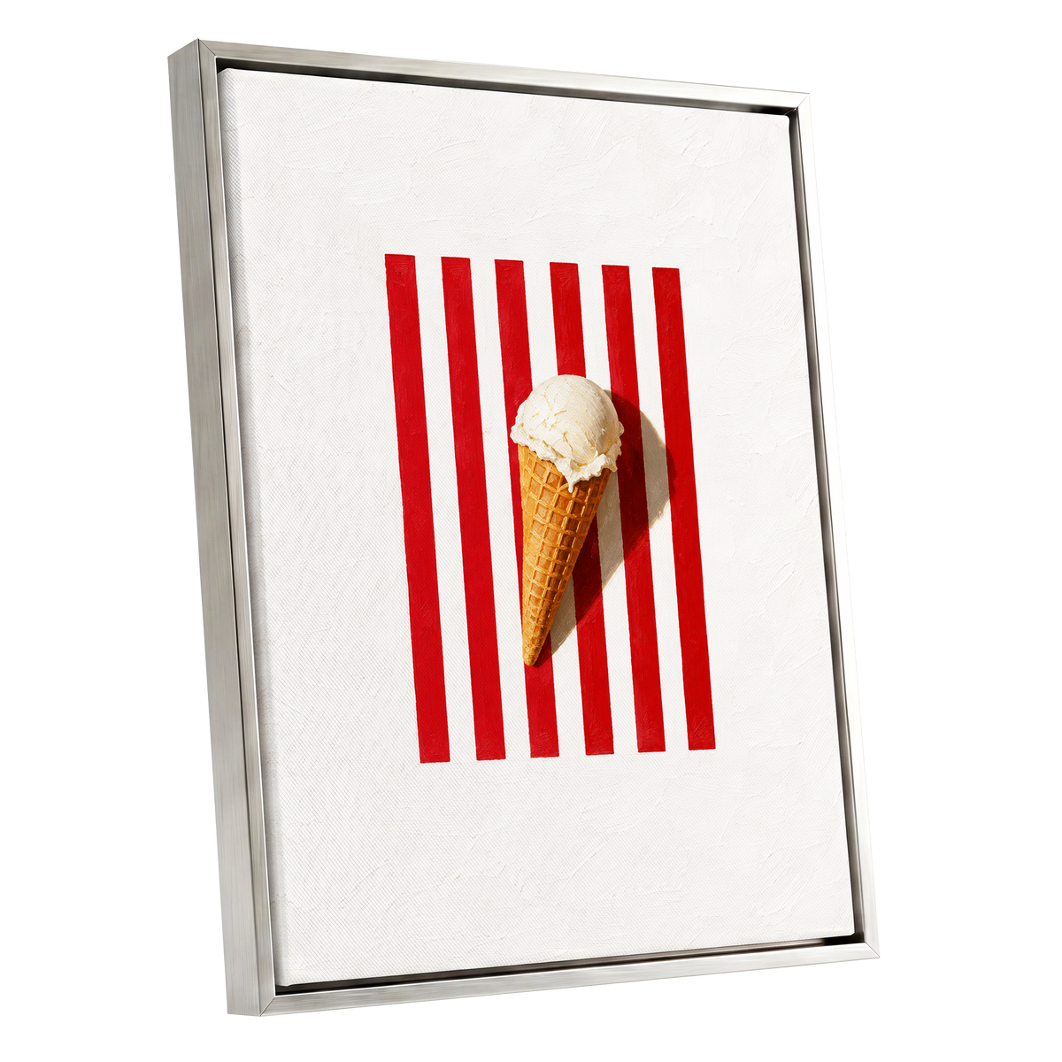Vanilla Parade, white, red, beige minimalist wall art shown as a silver framed canvas wall art