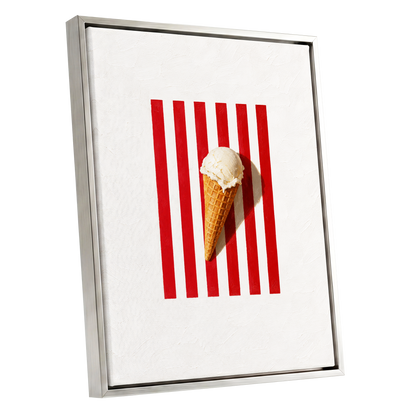 Vanilla Parade, white, red, beige minimalist wall art shown as a silver framed canvas wall art