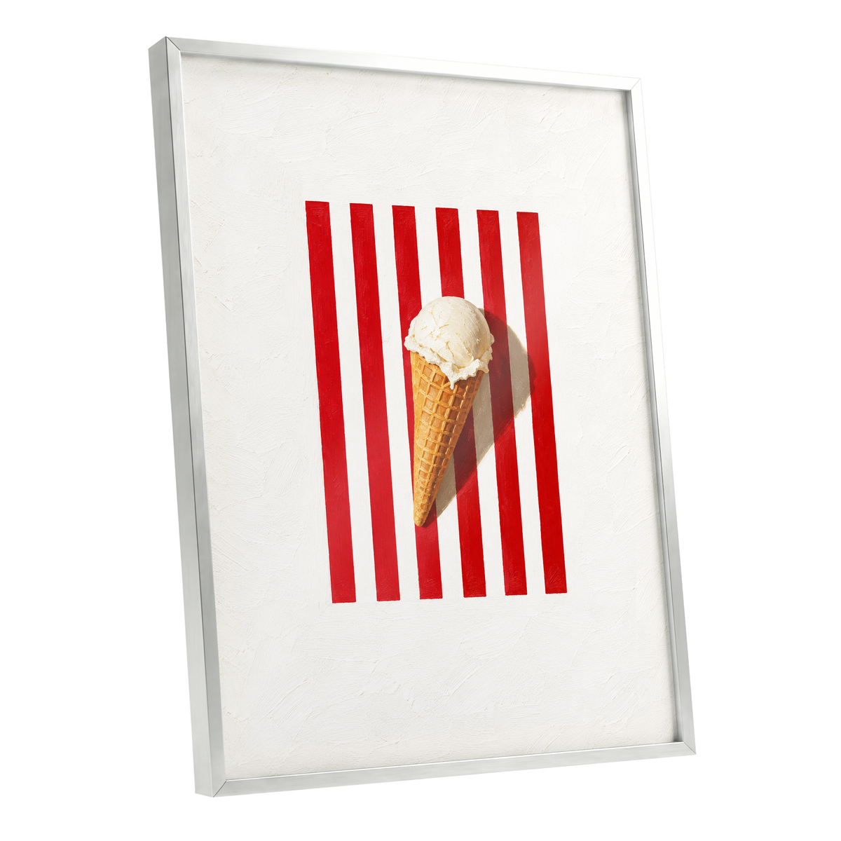 Vanilla Parade, white, red, beige minimalist wall art shown as a silver framed poster wall art print