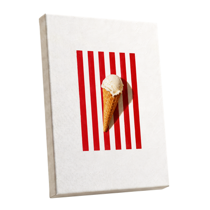 Vanilla Parade, white, red, beige minimalist wall art shown as a stretched canvas wall art
