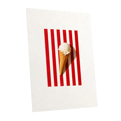 Vanilla Parade, white, red, beige minimalist wall art shown as a unframed poster wall art print
