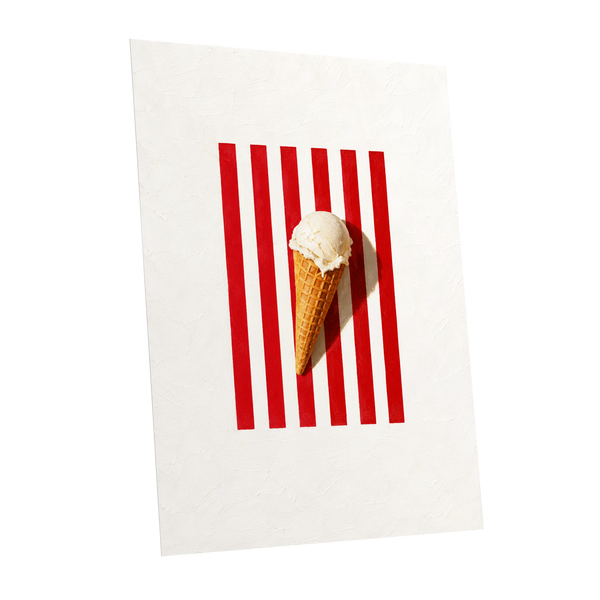 Vanilla Parade, white, red, beige minimalist wall art shown as a unframed poster wall art print