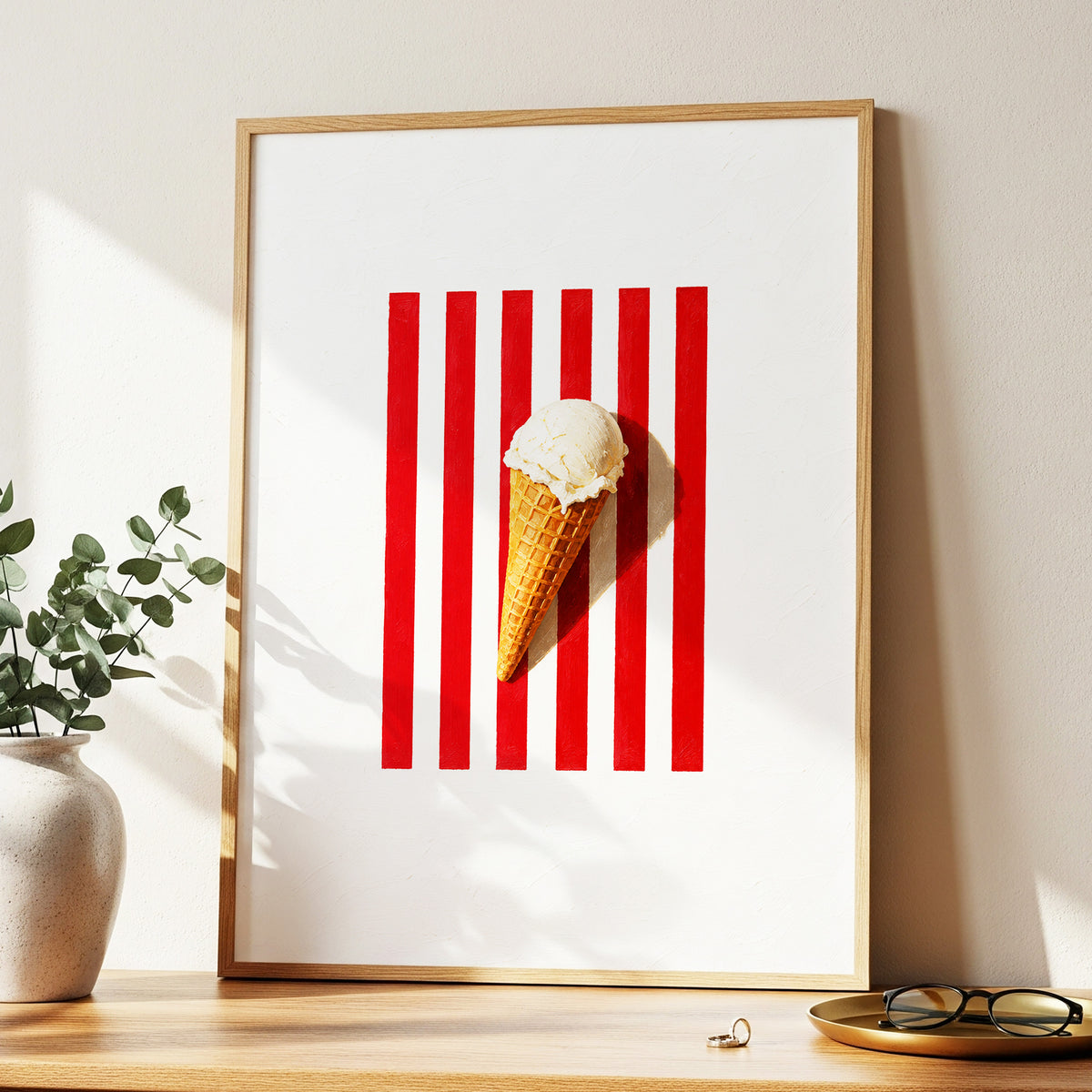 Vanilla Parade, white, red, beige minimalist wall art displayed in a styled interior, gallery view 2