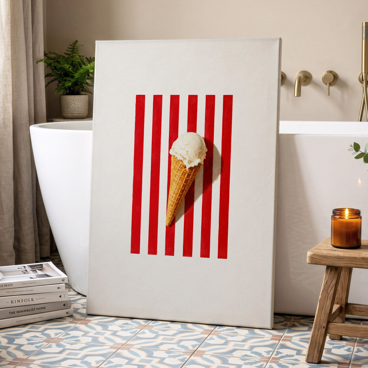 Vanilla Parade, white, red, beige minimalist wall art displayed in a styled interior, gallery view 3