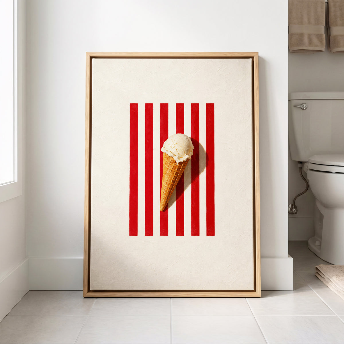 Vanilla Parade, white, red, beige minimalist wall art displayed in a styled interior, gallery view 4