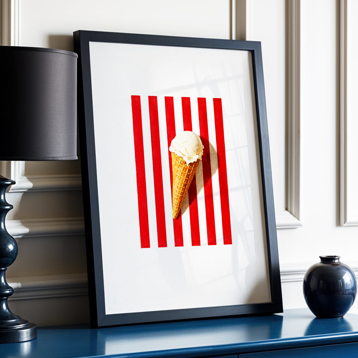 Vanilla Parade, white, red, beige minimalist wall art displayed in a styled interior, gallery view 6